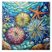 水中ヒトデとウニのステンドグラス タイル (正面)