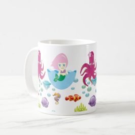 水中ピンクマーメイドとタコ海ファンタジー コーヒーマグカップ
