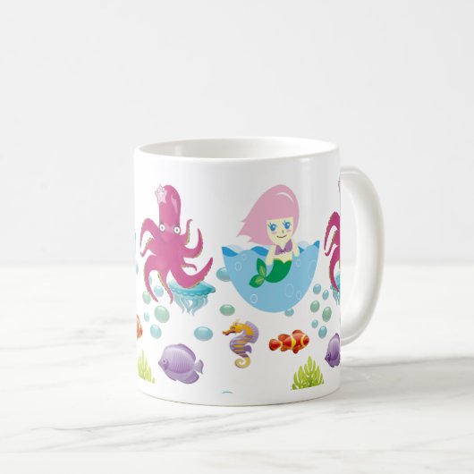 水中ピンクマーメイドとタコ海ファンタジー コーヒーマグカップ (正面右)