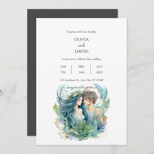 水中ファンタジーマーメイドカップルビーチ結婚式 招待状 (正面/裏面)