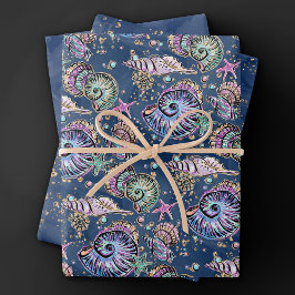 水中ブルーリュックス | Pastel金ゴールドシーシェル ラッピングペーパーシート