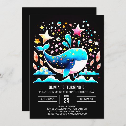 水中ホエールピンクガール誕生日 招待状 (正面/裏面)