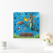 水中マーメイドトレジャー狩りファンタジーブルー スクエア壁時計 (ホーム)