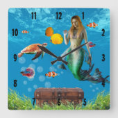 水中マーメイドトレジャー狩りファンタジーブルー スクエア壁時計 (正面)