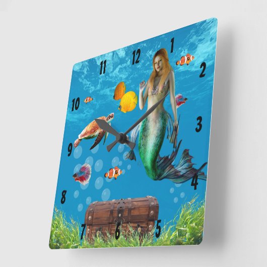 水中マーメイドトレジャー狩りファンタジーブルー スクエア壁時計 (傾斜)
