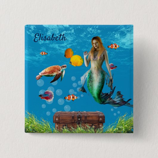 水中マーメイドトレジャー狩りファンタジーブルー 缶バッジ (正面)