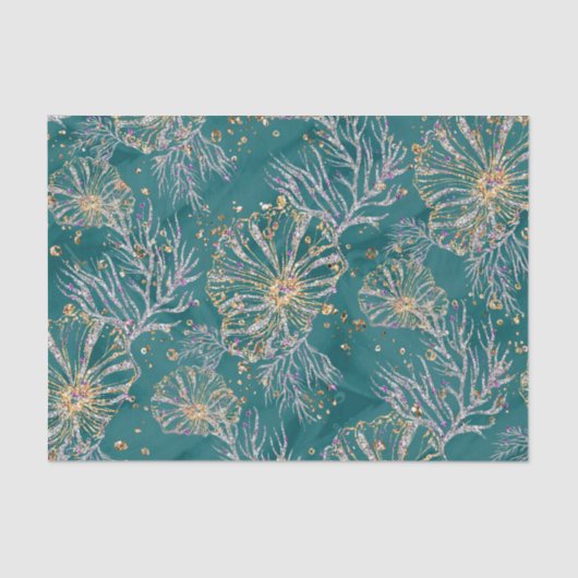 水中リュックス |ティール(緑がかった色)と金ゴールド海シーライフ 薄葉紙 (正面)