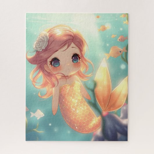 水中世界の可愛い金ゴールド人魚 ジグソーパズル (縦)