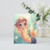 水中世界の可愛い金ゴールド人魚 ポストカード (スタンド正面)