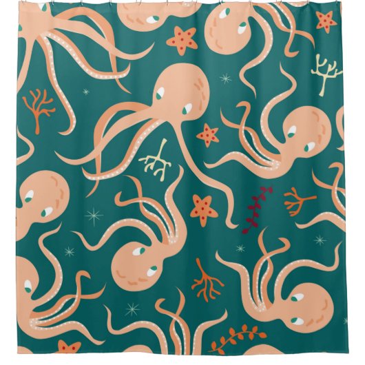 水中動物とのシームレスな海、銅 シャワーカーテン (正面)