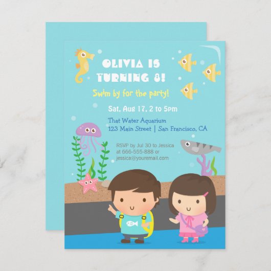 水中動物水槽子供の誕生日パーティー 招待状 (正面/裏面)