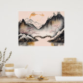 水中国の色の冬の川と山 ポスター (キッチン)