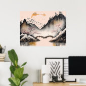 水中国の色の冬の川と山 ポスター (ホームオフィス)