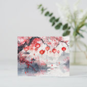水中国の色の灯篭と開花する木 ポストカード (スタンド正面)