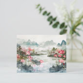 水中国の色ロータスと穏やかな山々 ポストカード (スタンド正面)