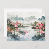 水中国の色ロータスと穏やかな山々 ポストカード (正面/裏面)