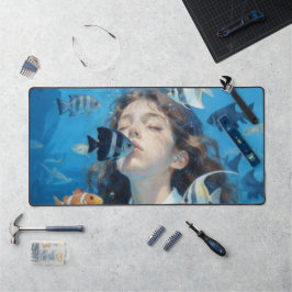 水中少女と熱帯魚の油絵デスク デスクマット