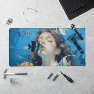 水中少女と熱帯魚の油絵デスク デスクマット