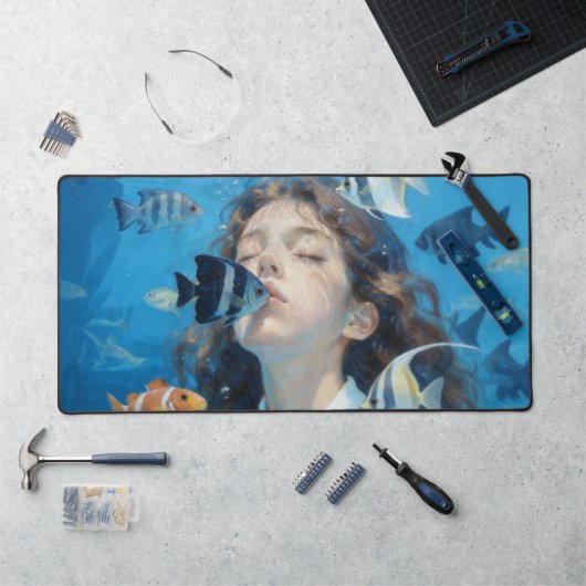 水中少女と熱帯魚の油絵デスク デスクマット (ワークステーション)