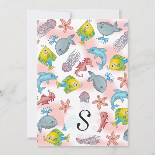 水中海の創造物の水彩画のイラストレーション 招待状 (裏面)