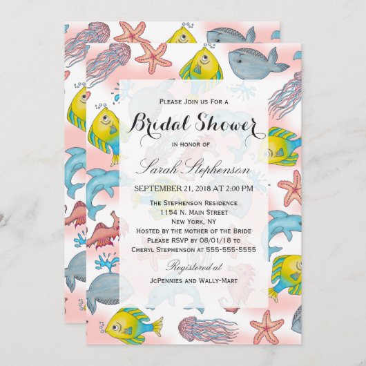 水中海の創造物の水彩画のイラストレーション 招待状 (正面/裏面)