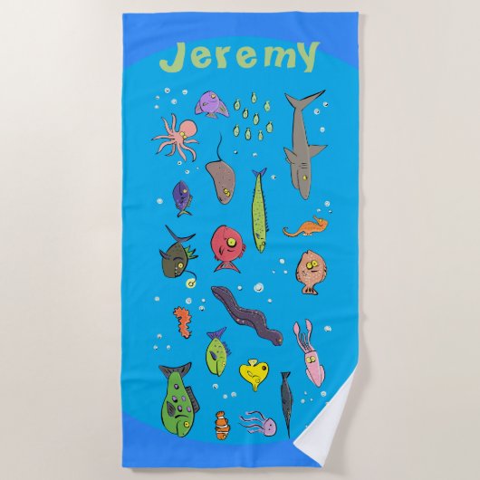 水中海洋生物のおもしろい漫画 ビーチタオル (正面)