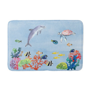 水中熱帯魚 水彩 ドルフィン カメ バスマット