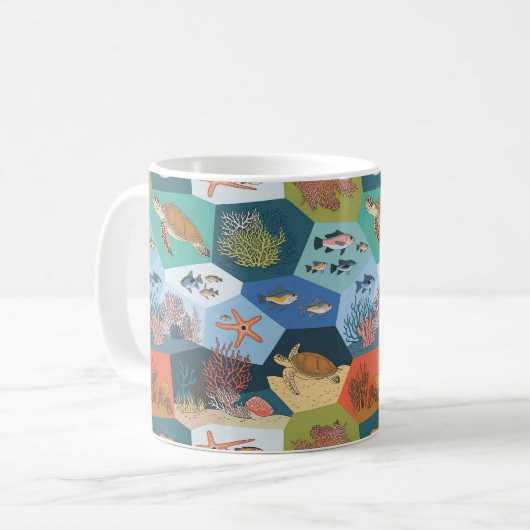 水中生物コラージュデザイン コーヒーマグカップ (正面左)