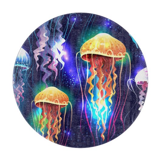 水中白熱［赤熱］光を放つクラゲ水平バナー カッティングボード (正面)