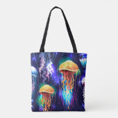 水中白熱［赤熱］光を放つクラゲ水平バナー トートバッグ (裏面)