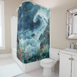 水中競技の夢：北斎インスパイア水色 シャワーカーテン
