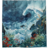 水中競技の夢：北斎インスパイア水色 シャワーカーテン (正面)