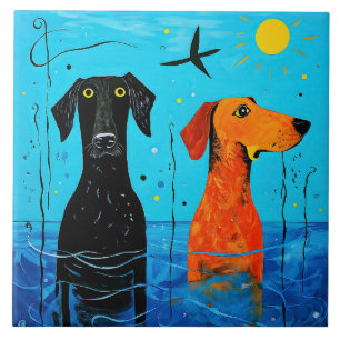 水中競技デュオ・オブ・ジョイ – Surreal カラフル Dogs タイル