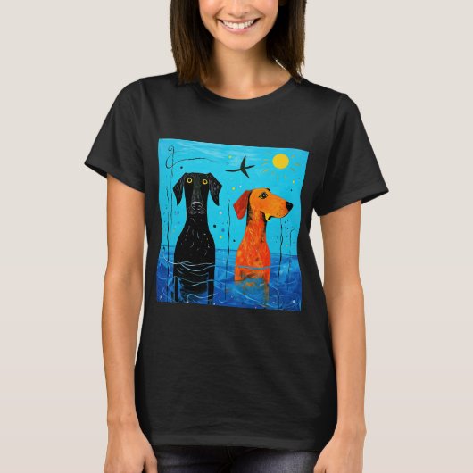水中競技デュオ・オブ・ジョイ – Surreal カラフル Dogs Tシャツ (正面)