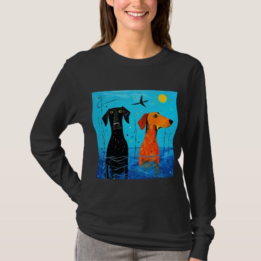 水中競技デュオ・オブ・ジョイ – Surreal カラフル Dogs Tシャツ (正面)