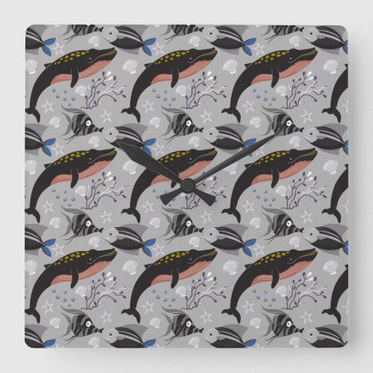 水中競技動物パターン |海水中ライフ23 スクエア壁時計 (正面)