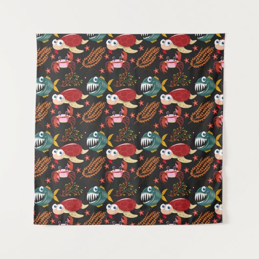 水中競技動物パターン |海水中ライフ30 タペストリー (正面)