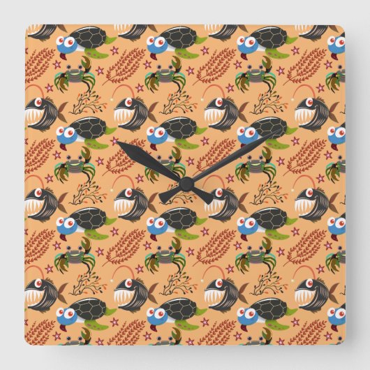 水中競技動物パターン |海水中ライフ32 スクエア壁時計 (正面)