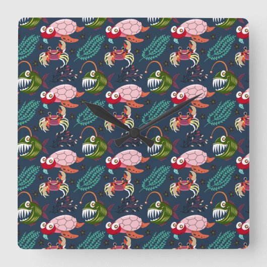 水中競技動物パターン |海水中ライフ34 スクエア壁時計 (正面)