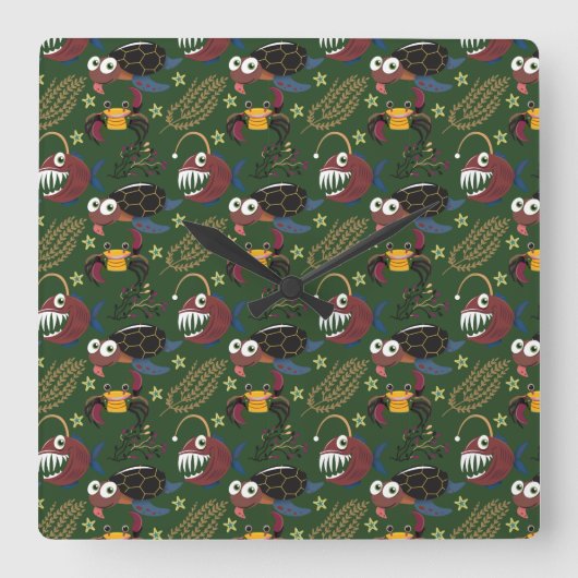 水中競技動物パターン |海水中ライフ38 スクエア壁時計 (正面)