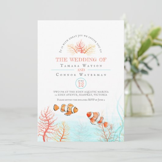 水中競技結婚のサンゴとピエロの魚水色 招待状 (スタンド正面)