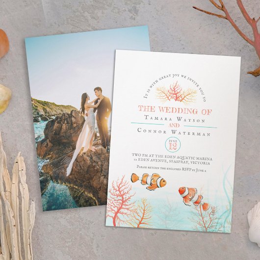 水中競技結婚サンゴピエロ魚水彩写真 招待状