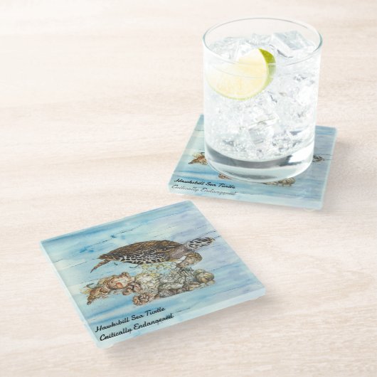 水中絵を描手ウミガメ ガラスコースター (アングル)