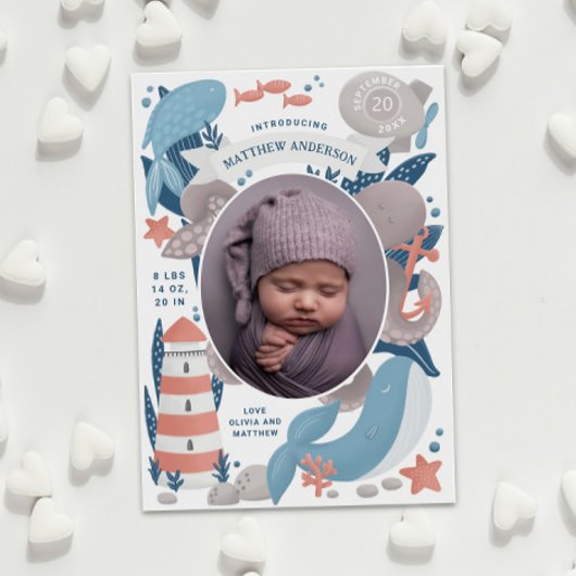 水中航海の動物・灯台。ボーイ誕生 案内状