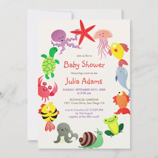 水中航海の海産動物赤ちゃんシャワー 招待状 (正面)