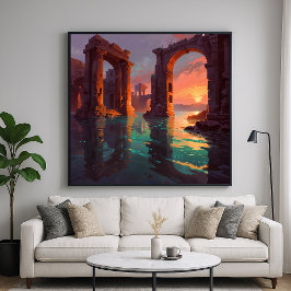 水中遺跡 – 景観イラストレーションスタイル ポスター