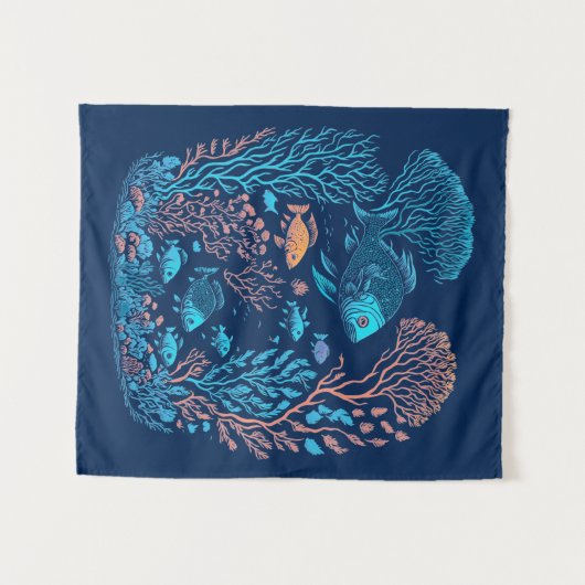 水中風景カラフル魚類とサンゴ礁 タペストリー (正面(横))