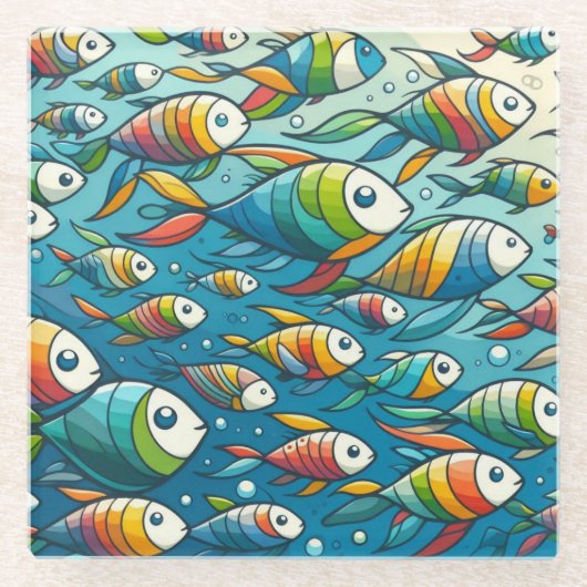 水中魚カラフルアート ガラスコースター (正面)