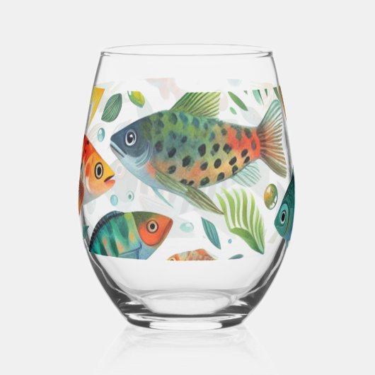 水中魚カラフルアート ステムなしワイングラス (正面)
