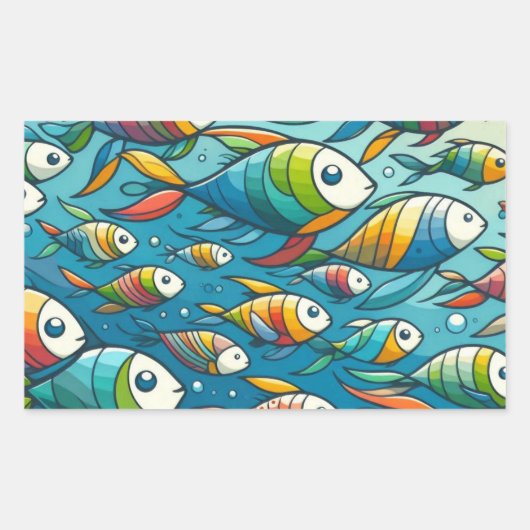 水中魚カラフルアート 長方形シール (正面)